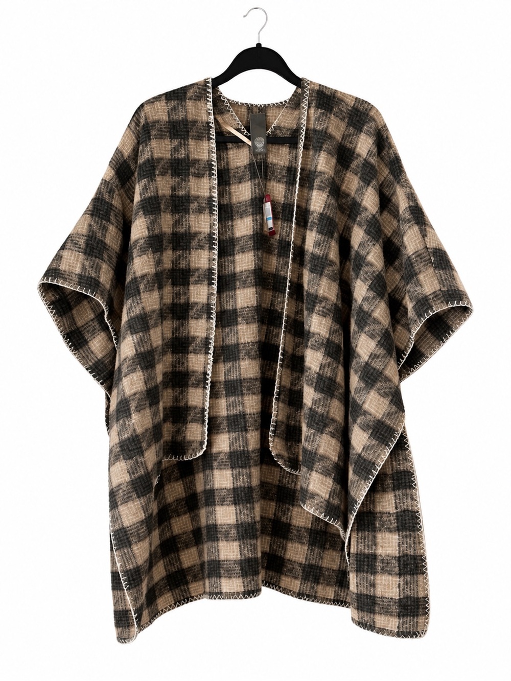 Vince Camuto Plaid Poncho Wrap NWT Black Beige Check Blanket Shawl Cape OS Open